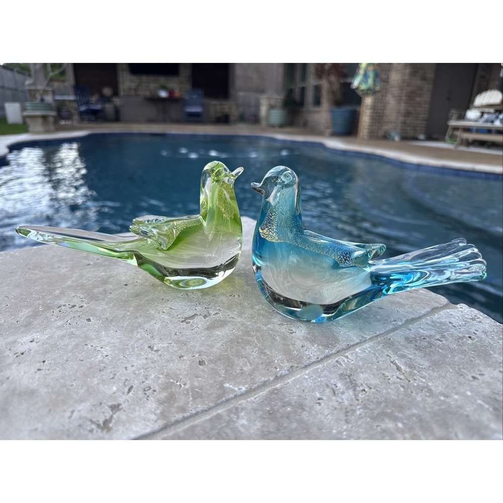 Pair Of Murano Art Glass BIRDS Blue & Green W/Gold Overlay